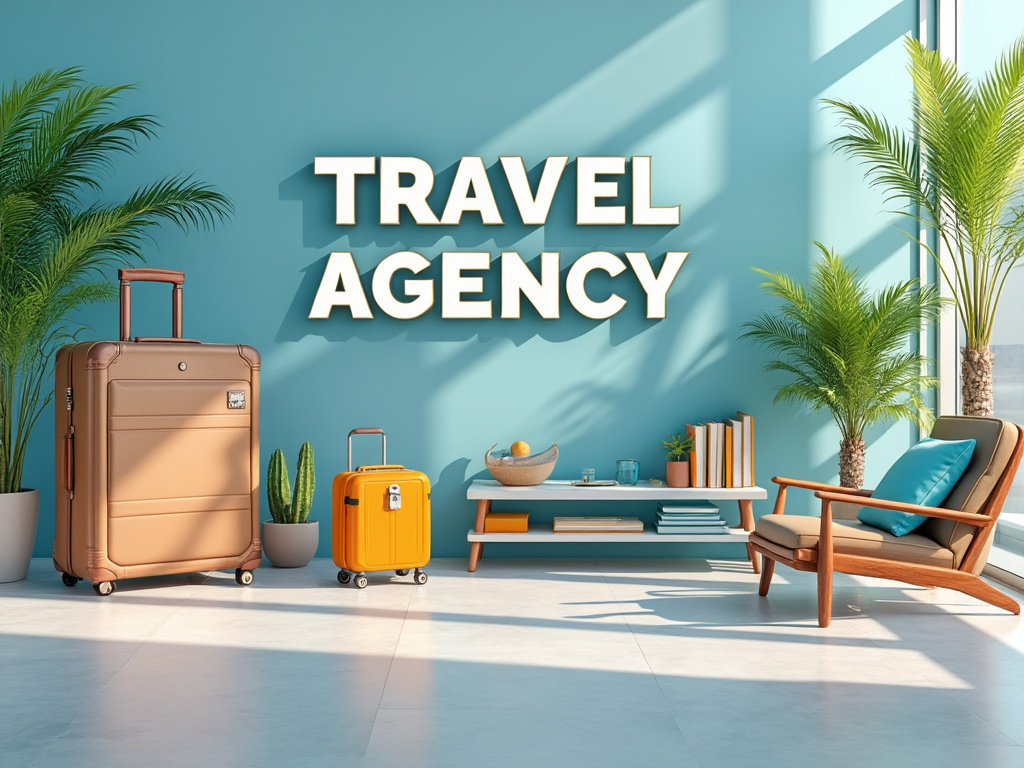 Agencia de viajes con maletas y decoración tropical en un espacio moderno y luminoso.