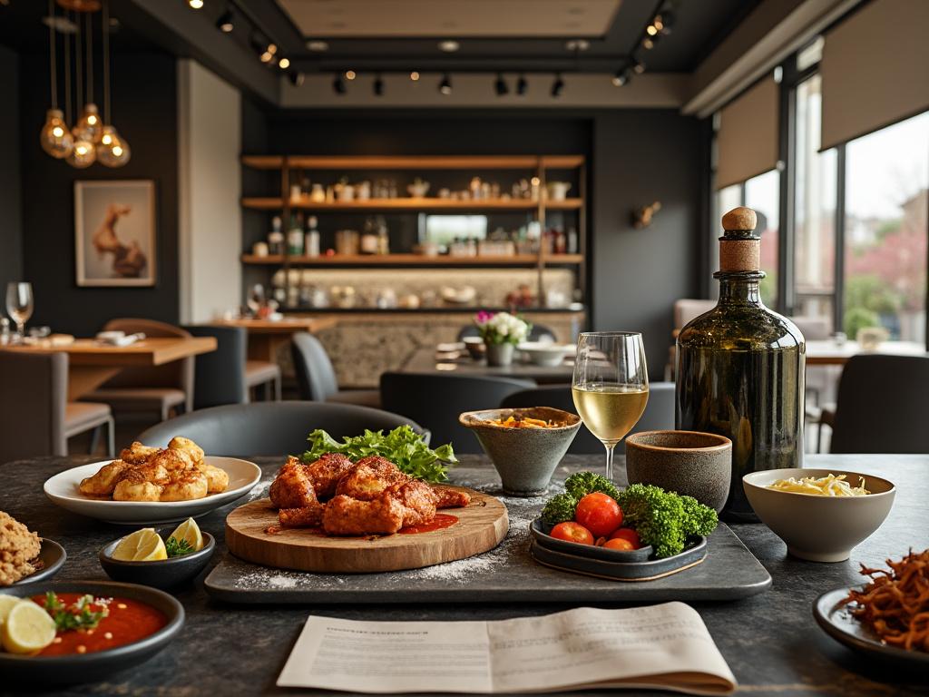 Mesa elegantes en restaurante moderno con platos gourmet de pollo, ensaladas y vino blanco. Mesa elegantes en restaurante moderno con platos gourmet de pollo, ensaladas y vino blanco.