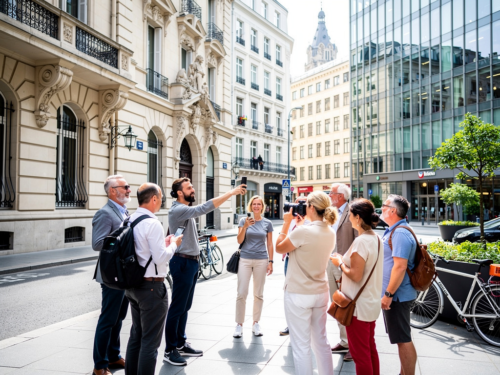 Grupo de turistas en visita guiada por una calle urbana con edificios históricos y modernos
