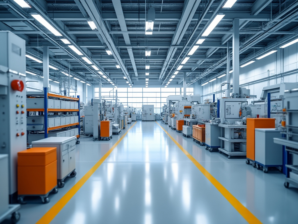 Interior de una moderna fábrica industrial con maquinaria avanzada y estanterías, iluminada por grandes ventanas y luces de techo.