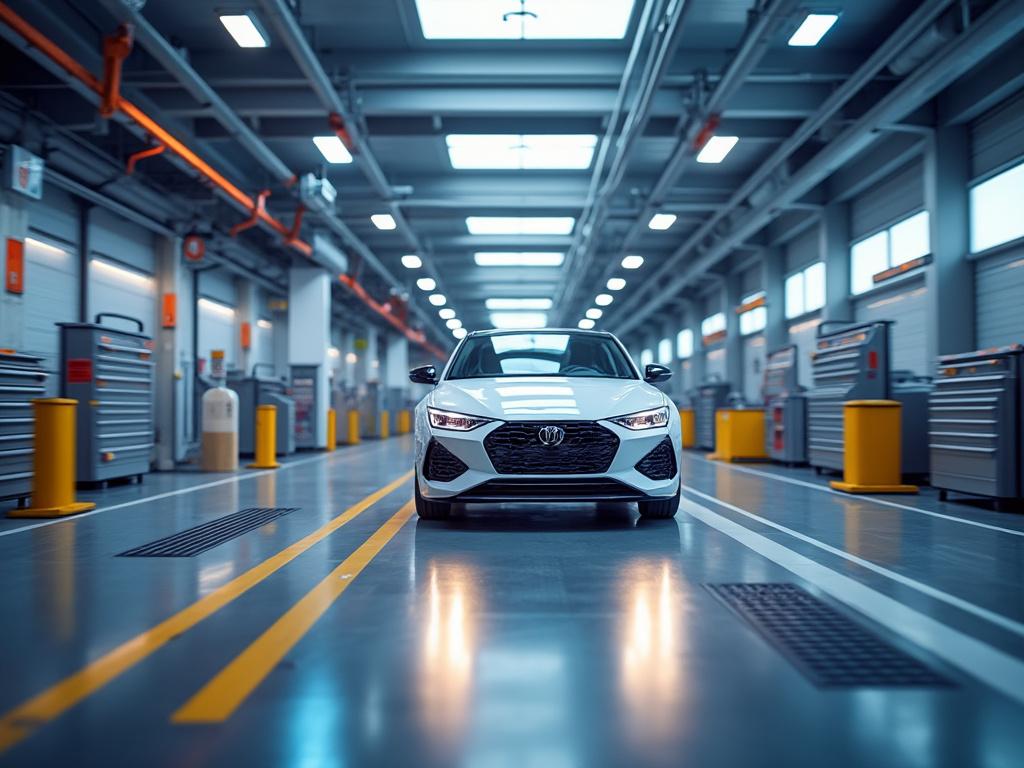 Coche blanco moderno en taller iluminado con líneas amarillas en el suelo y herramientas organizadas en el fondo.