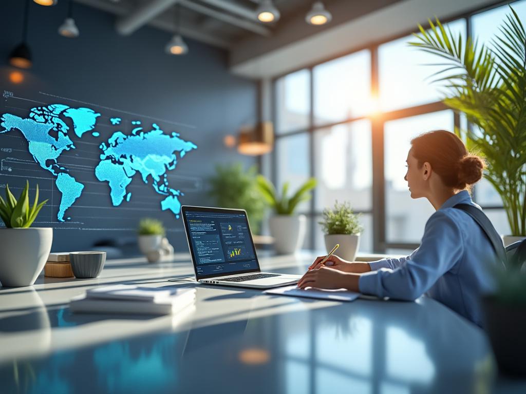 Businesswoman analyzing data on a laptop in a modern office with a world map display, surrounded by plants and natural light.