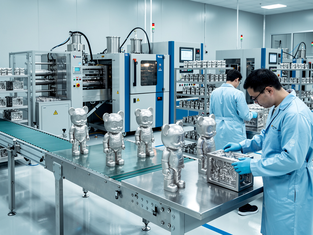 Técnicos inspeccionan figuras metálicas de oso en línea de producción automatizada dentro de fábrica moderna Técnicos inspeccionan figuras metálicas de oso en línea de producción automatizada dentro de fábrica moderna