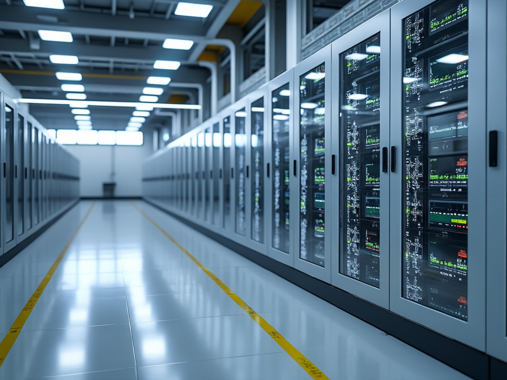 Pasillo de un centro de datos con filas de servidores iluminados y ordenados en un entorno de alta tecnología.