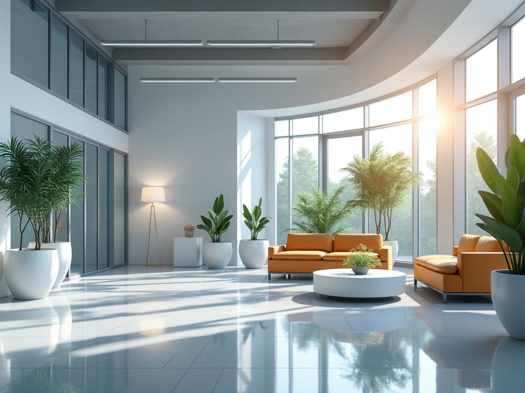 Modern office lounge with orange sofas, large windows, indoor plants, and natural sunlight.