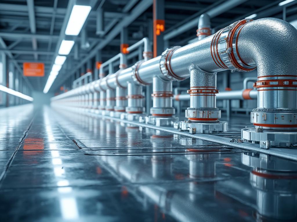 Tuberías metálicas industriales en un entorno moderno con suelo brillante.