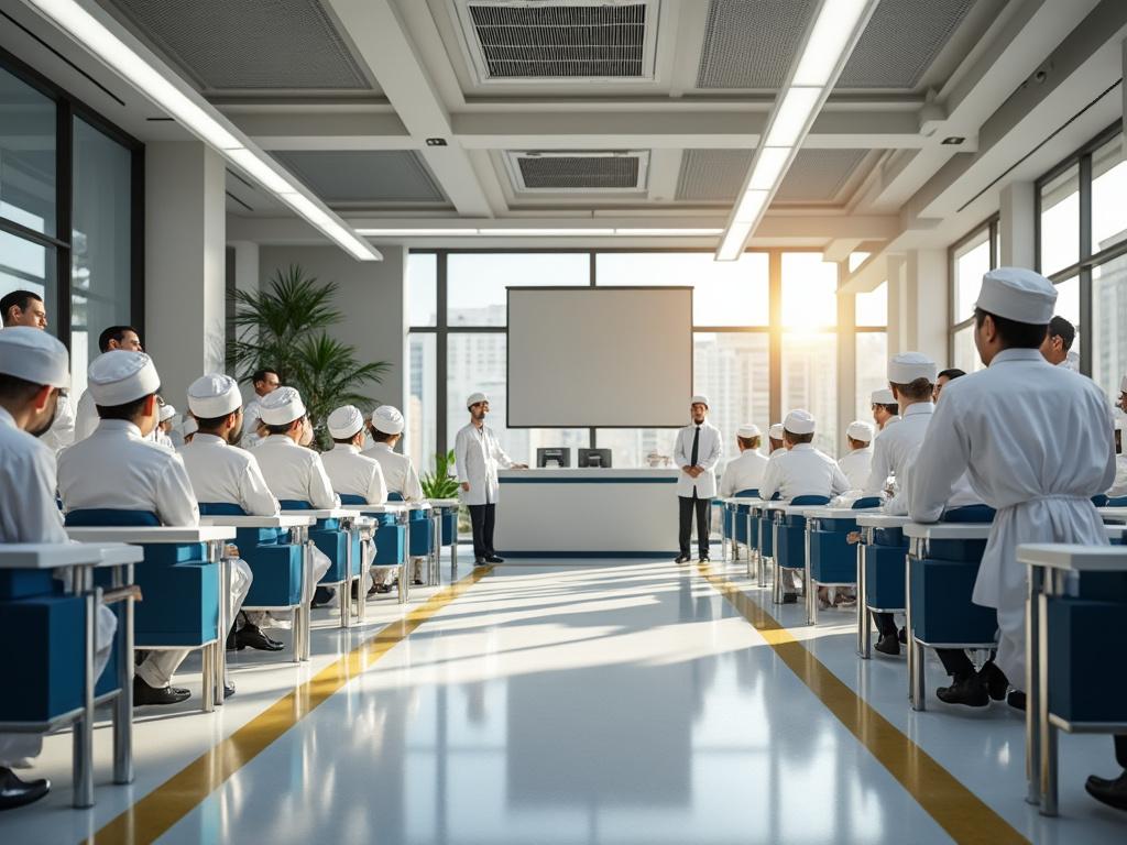 Group of chefs in a classroom setting with a presentation screen and large windows.