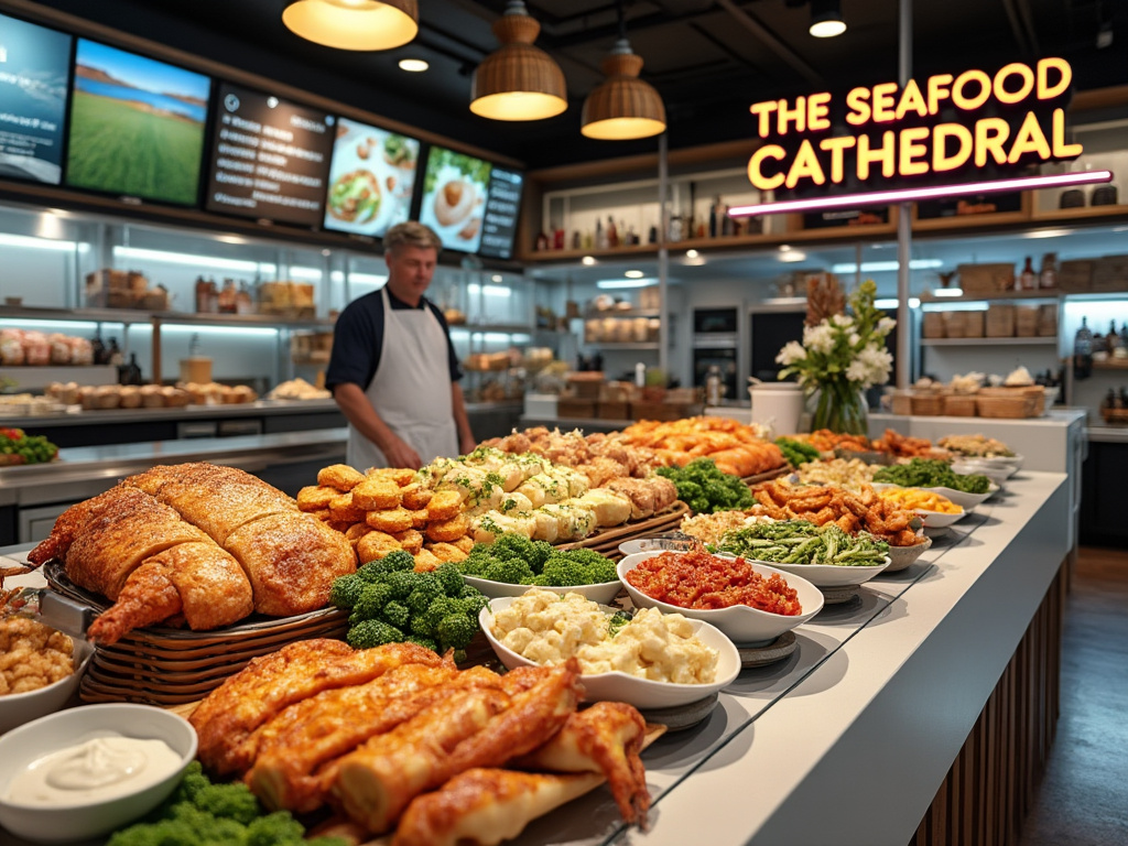 Interior de restaurante de mariscos con mostrador lleno de platos variados y cartel luminoso que dice 'The Seafood Cathedral'.