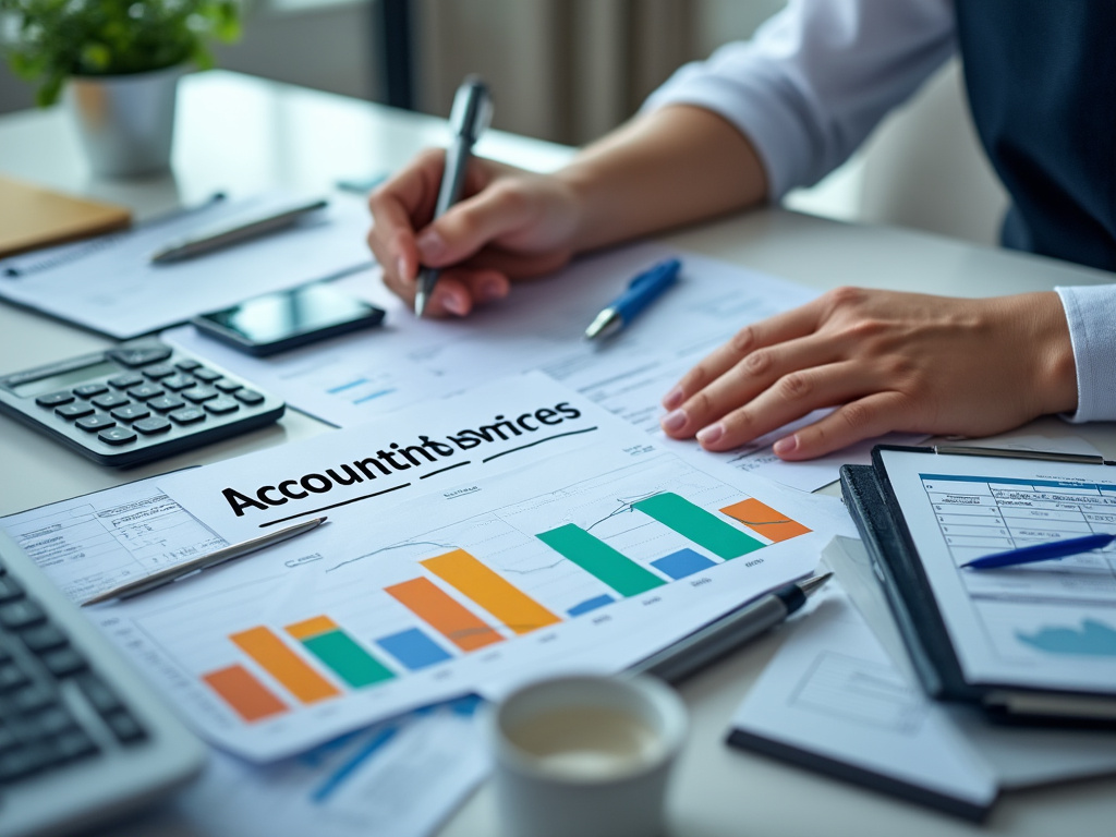 Person analyzing financial documents at a desk with charts, calculator, and pen, representing accounting services.