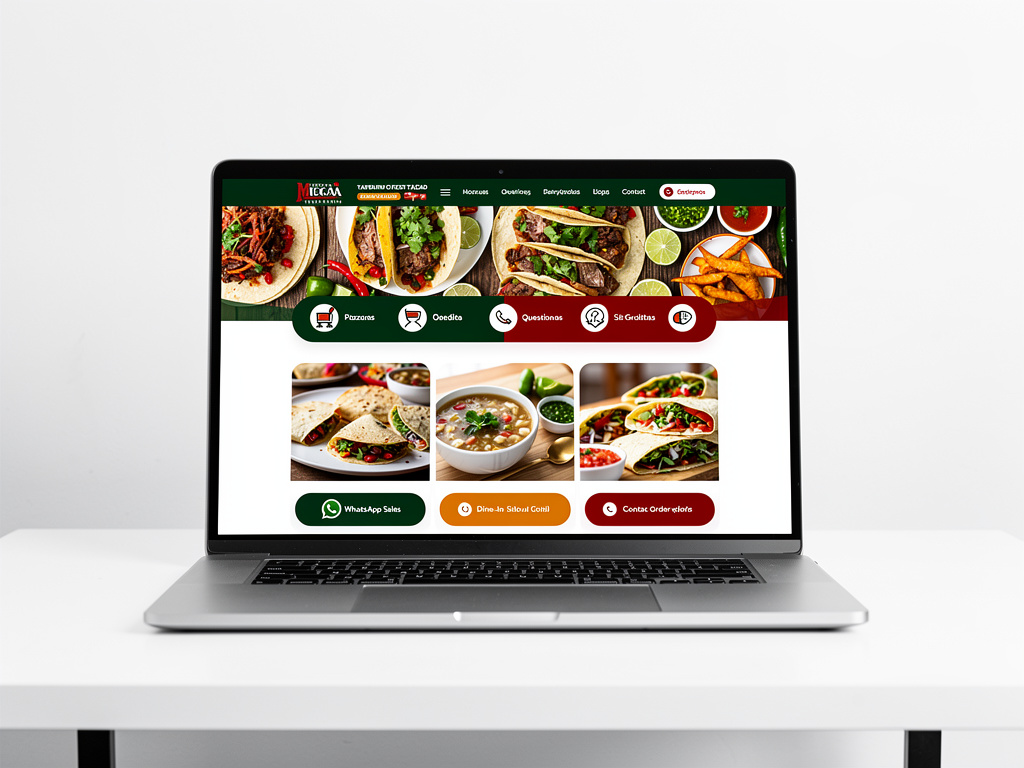 Portátil mostrando página web de restaurante mexicano con tacos, sopa y opciones de pedido en línea Portátil mostrando página web de restaurante mexicano con tacos, sopa y opciones de pedido en línea