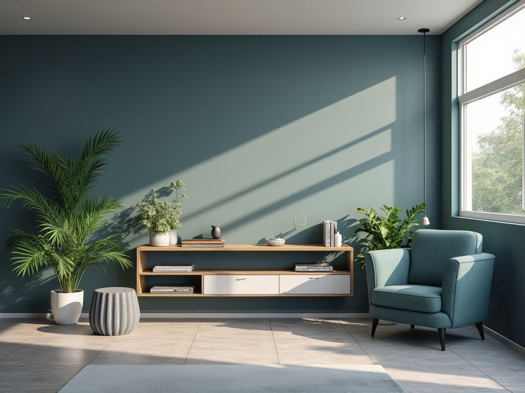 Sala de estar moderna con paredes verdes, sillón azul, plantas, estante de madera y ventana amplia.