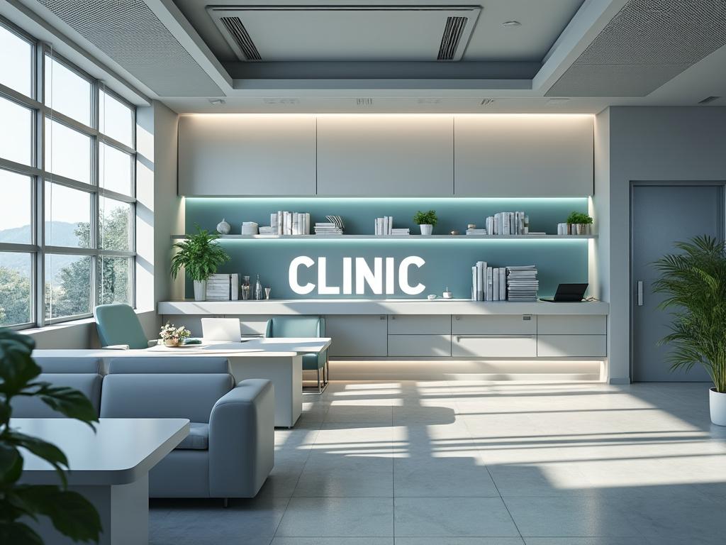 Moderna sala de espera de clínica con muebles elegantes, plantas decorativas y luz natural.