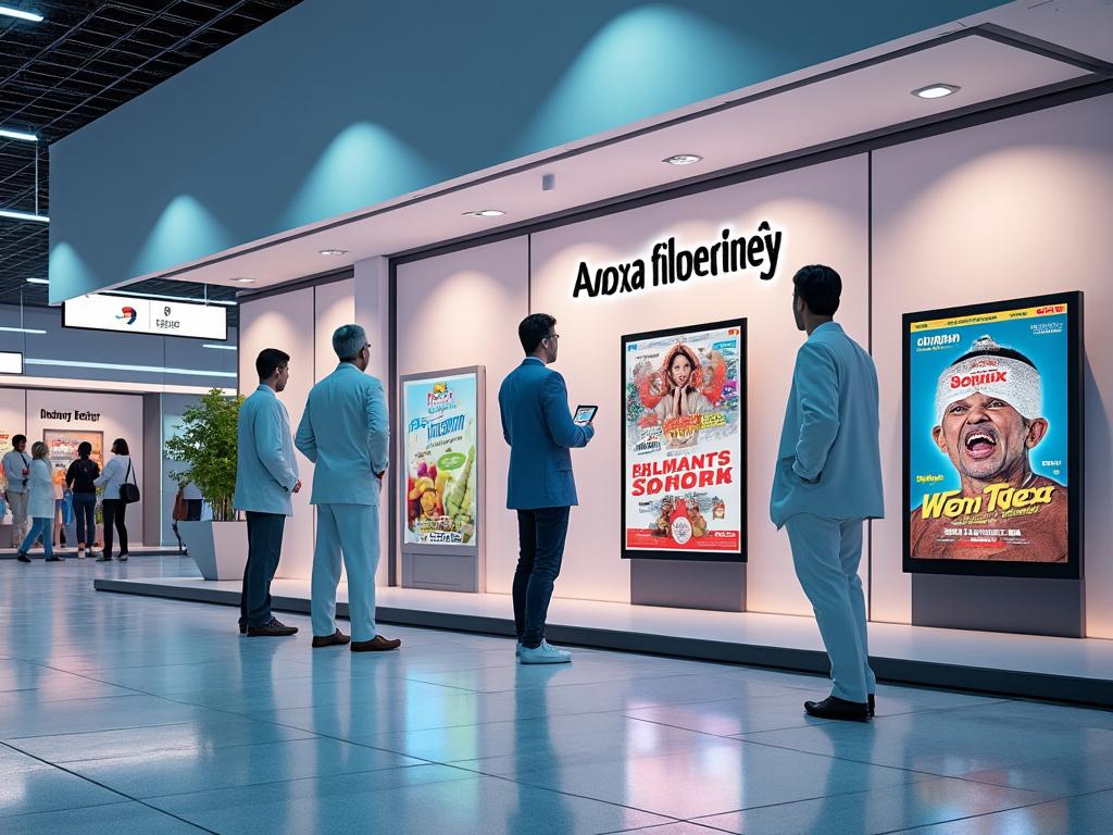 Personas observando pósters de películas en una galería moderna con iluminación suave.