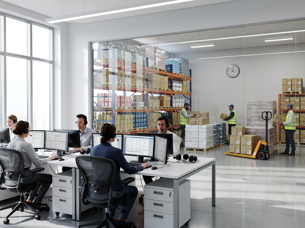 Centro de atención al cliente en oficina moderna junto a almacén logístico con trabajadores preparando paquetes Centro de atención al cliente en oficina moderna junto a almacén logístico con trabajadores preparando paquetes