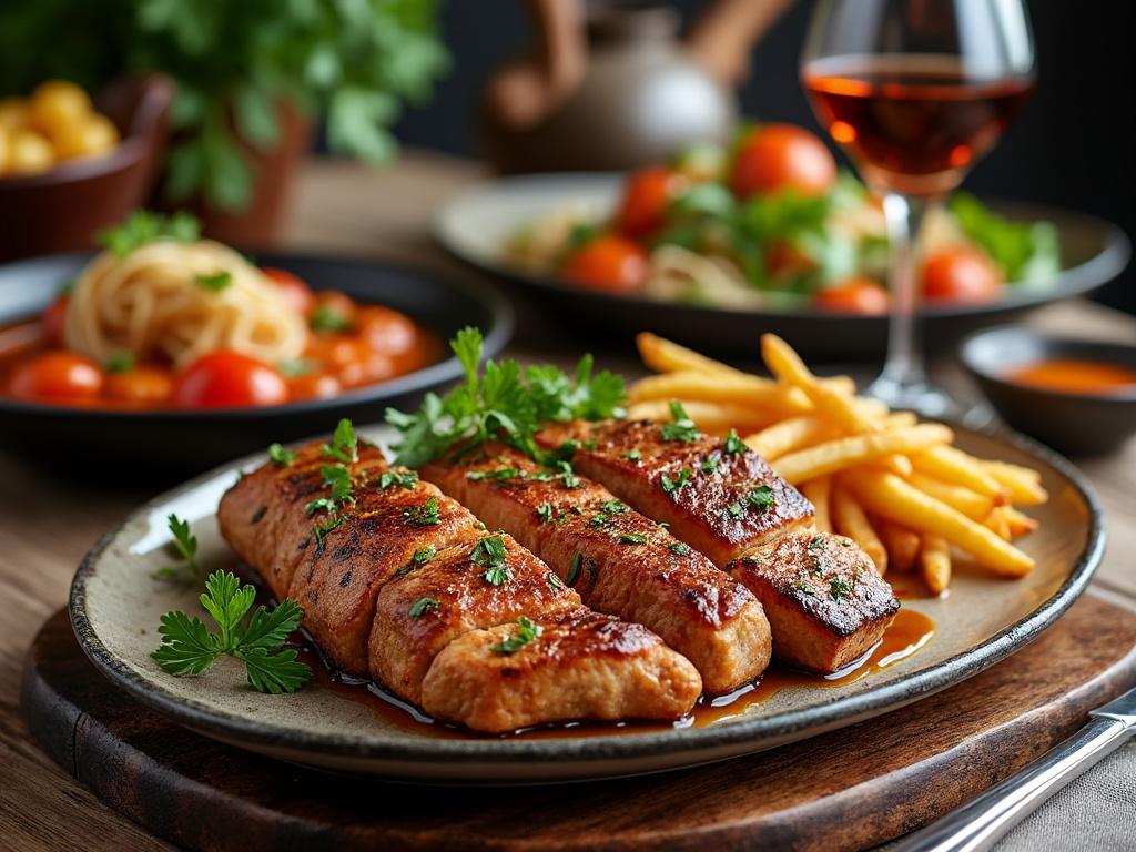 Plato de salmón glaseado con hierbas y papas fritas, acompañado de pasta con tomates y copa de vino.