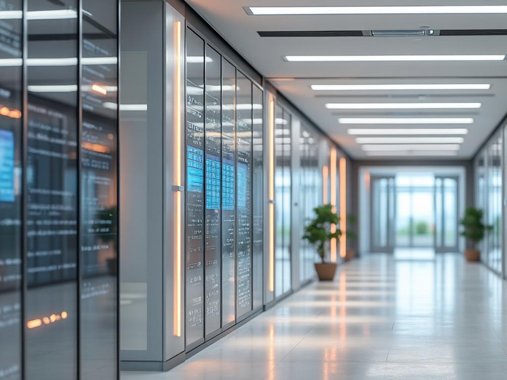 Pasillo moderno con paredes de vidrio, luces LED y plantas en macetas.