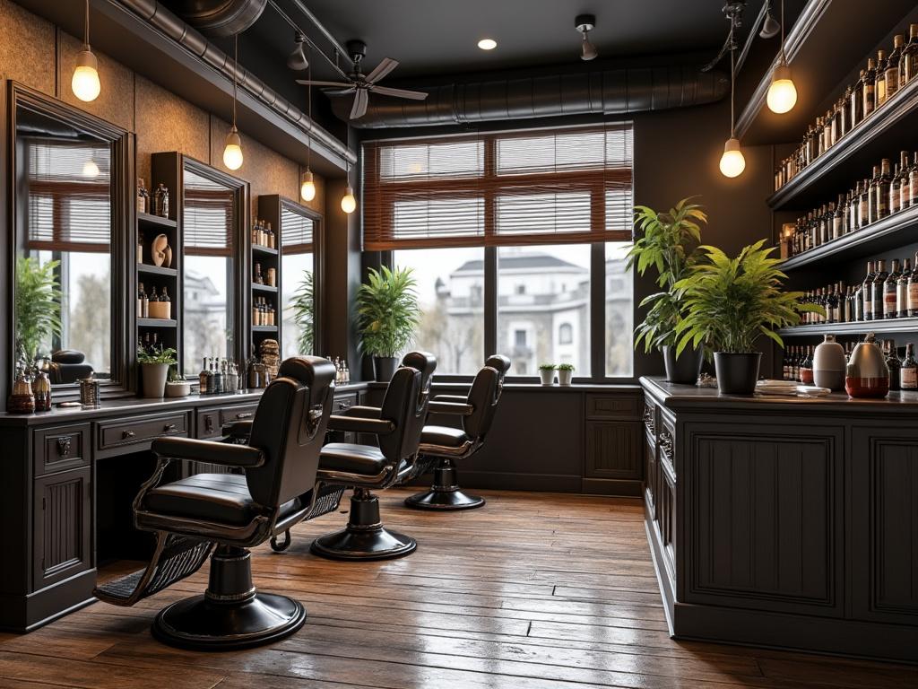 Modern barbershop interior with vintage barber chairs, large mirrors, wooden floor, and product shelves, illuminated by warm lighting.