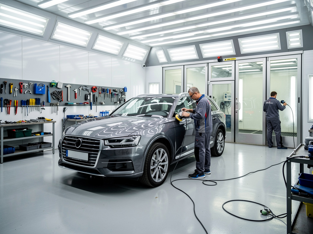 Técnico puliendo un SUV gris en taller de detailing automotriz moderno con herramientas y luces LED