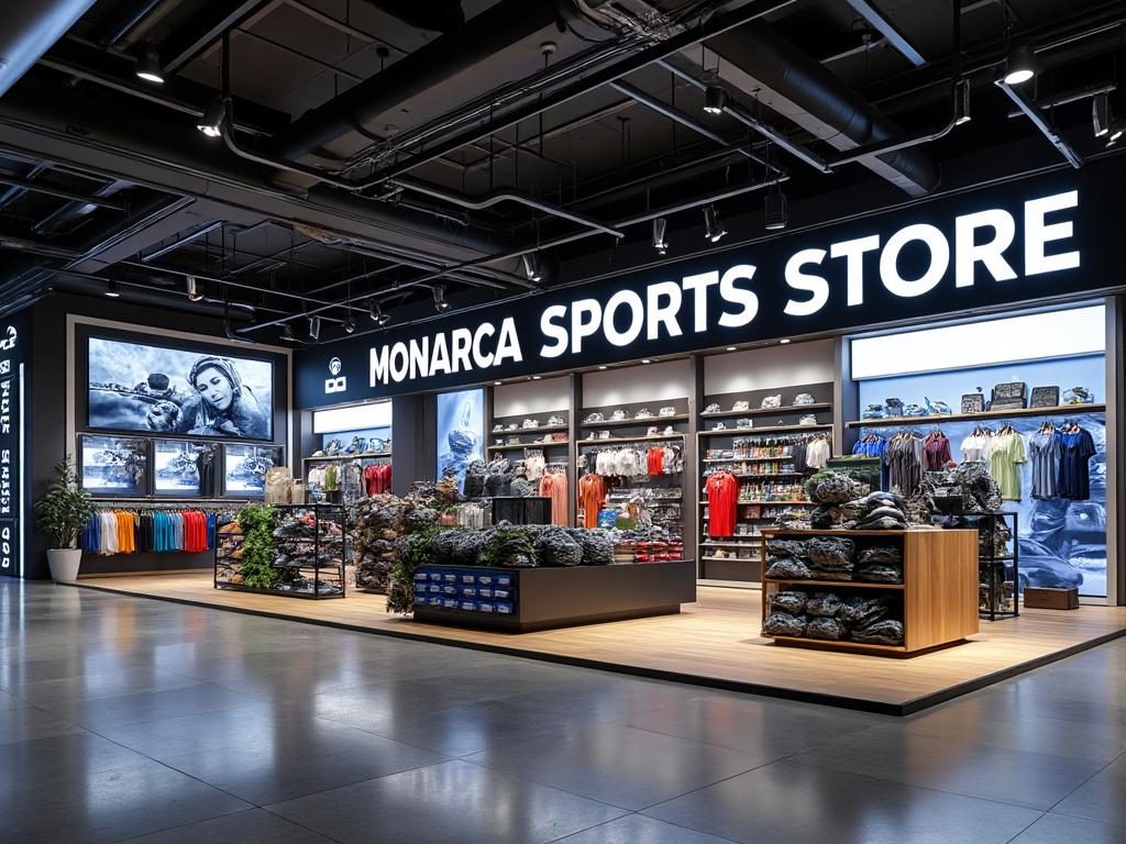Tienda deportiva Monarca con ropa y accesorios, interior moderno con iluminación destacada y pantallas promocionales.