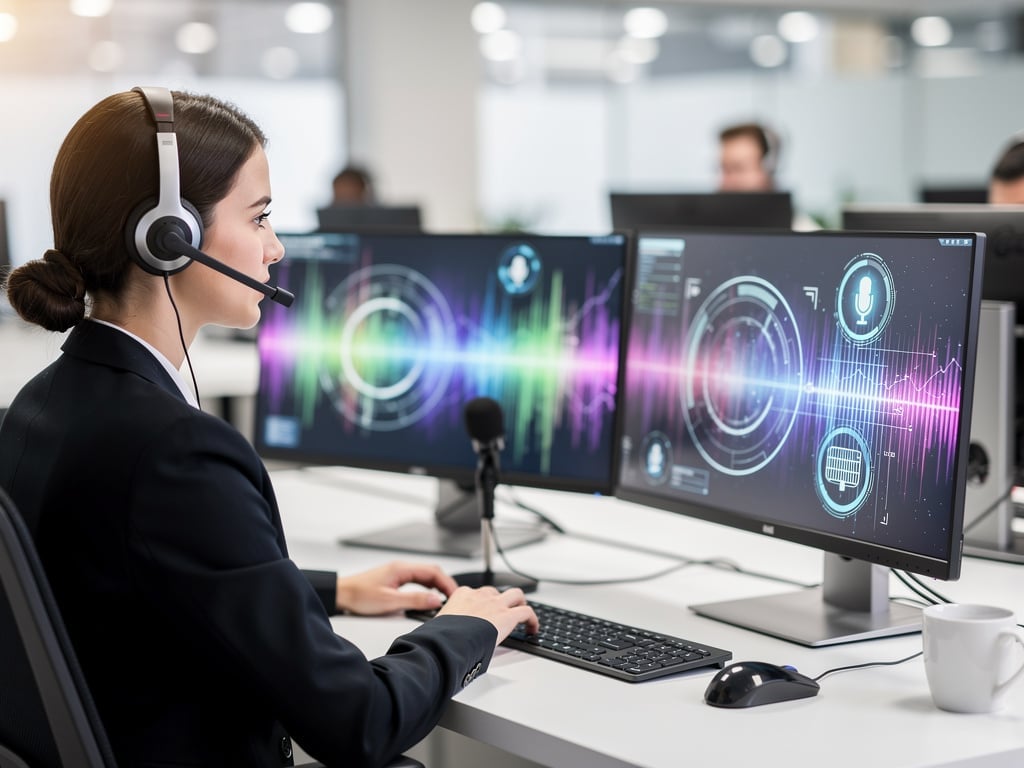 Customer support agent wearing headset analyzing voice recognition audio waveforms on dual monitors in modern call center