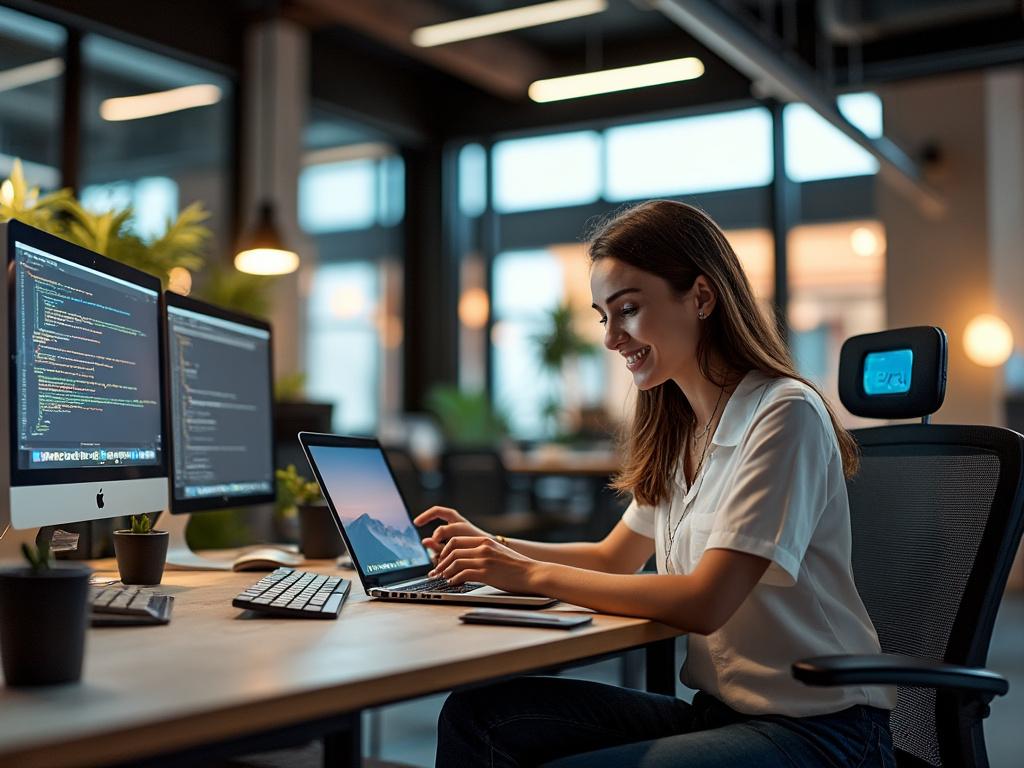 Young woman smiling while working on a laptop in a modern office with multiple monitors displaying code, surrounded by potted plants.