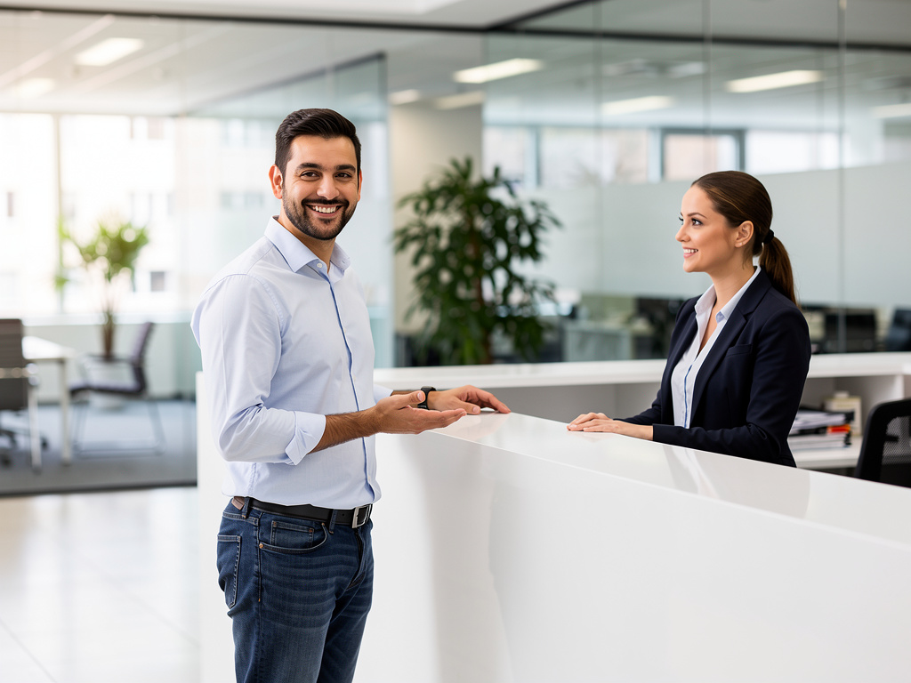 Hombre sonriente atendido por recepcionista en mostrador de oficina moderna