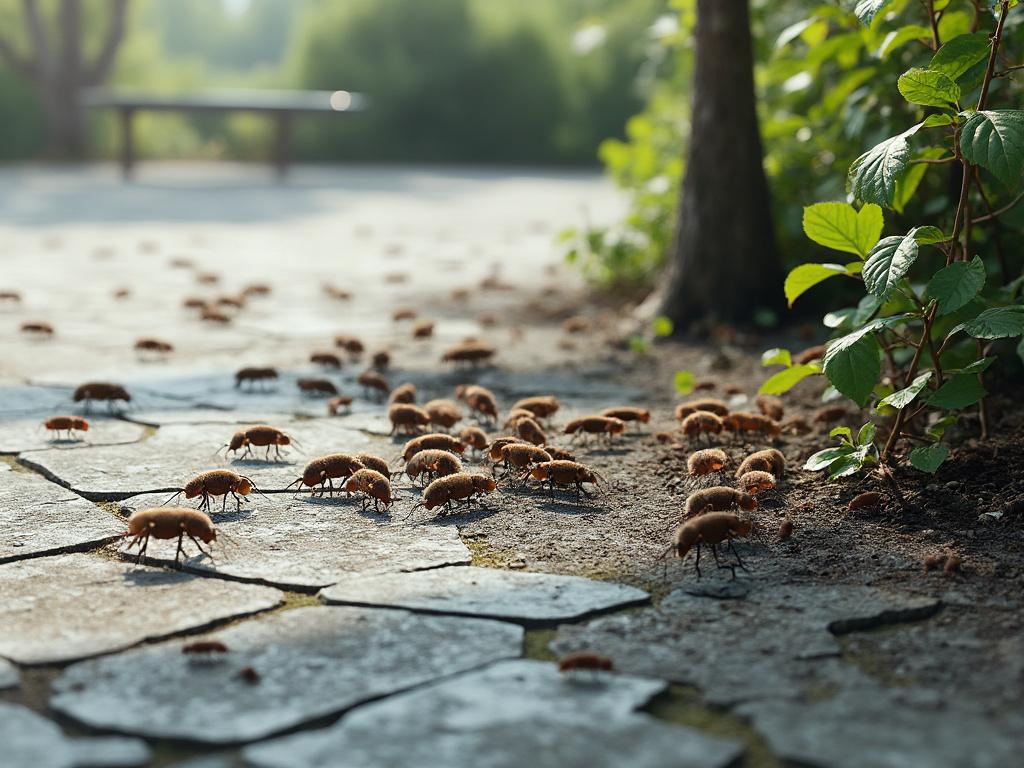 Multiple beetles crawling on a stone path with greenery and trees in the background during daylight. Multiple beetles crawling on a stone path with greenery and trees in the background during daylight.