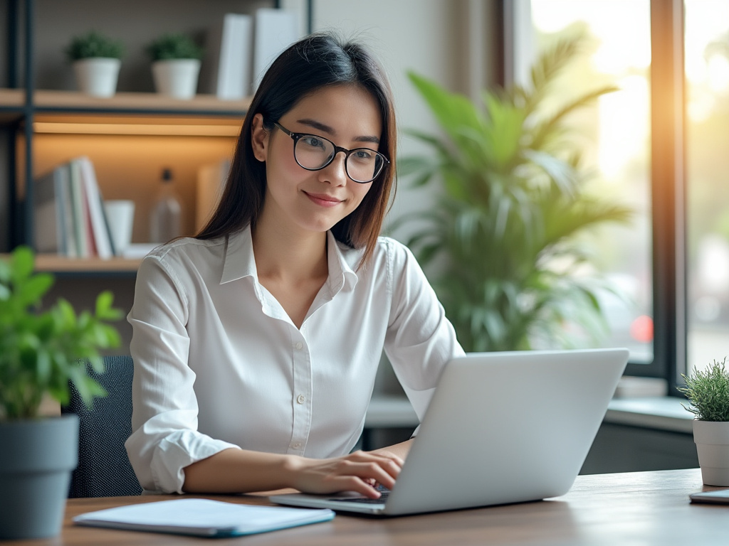 Mujer profesional con gafas trabajando en laptop en oficina moderna con plantas y luz natural