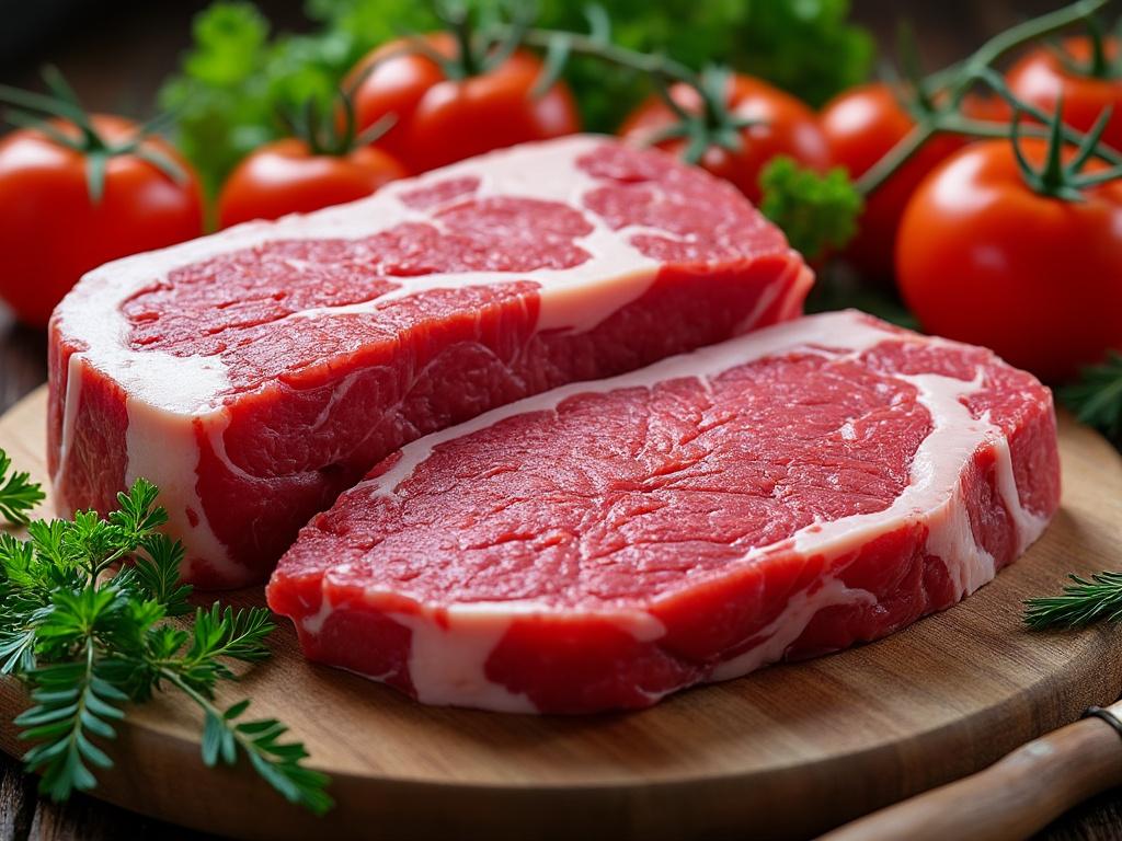 Dos filetes de carne cruda sobre tabla de madera, rodeados de tomates rojos y hierbas frescas.