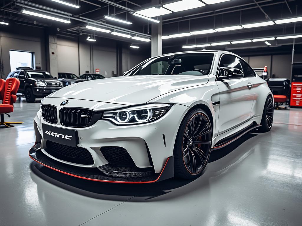 White modified sports car with glossy finish and black wheels in a modern garage setting.