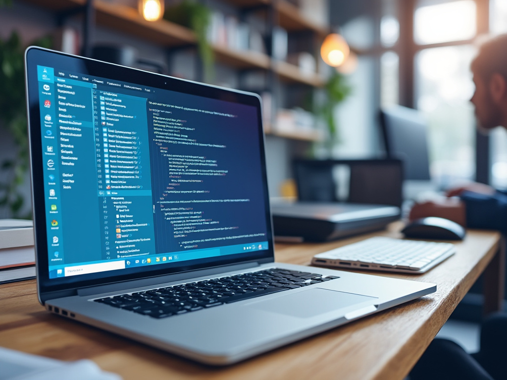 Open laptop displaying code editor in a modern office setting with blurred background, indicating programming and software development environment.