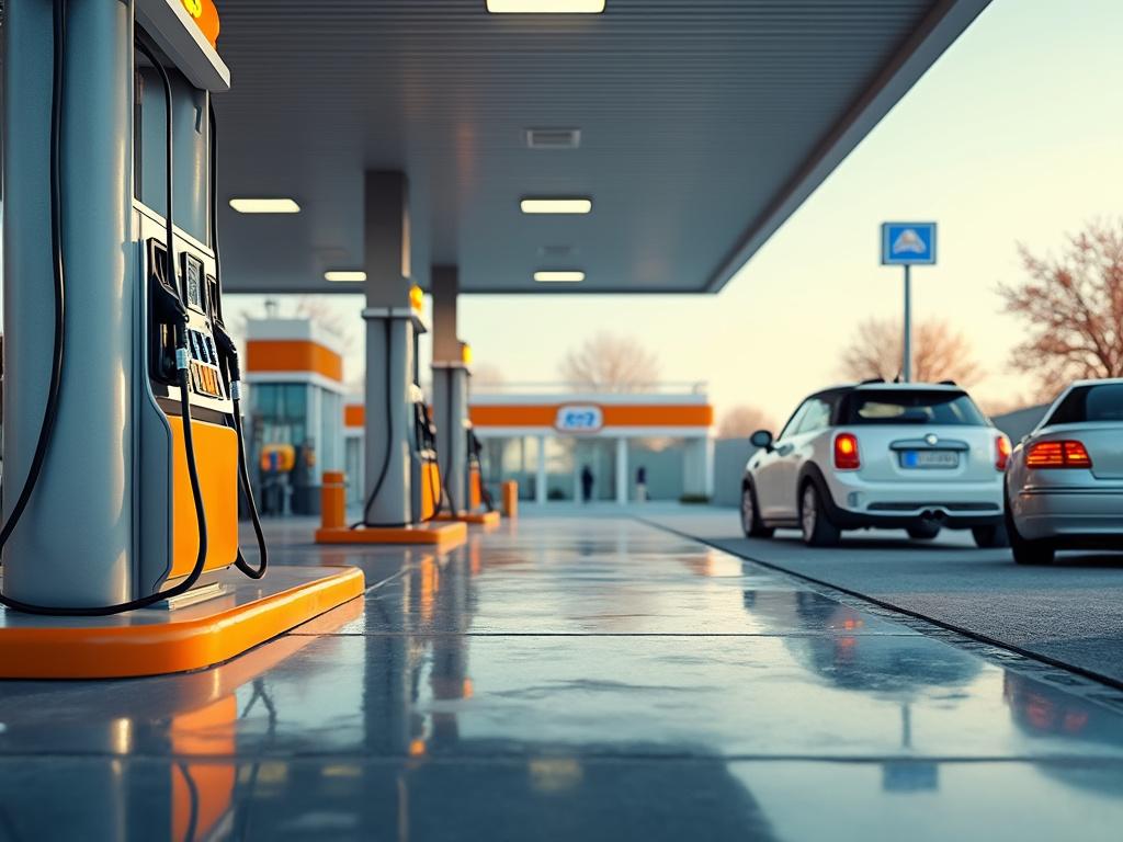 Estación de servicio moderna con surtidores de gasolina y coches en fila al atardecer.