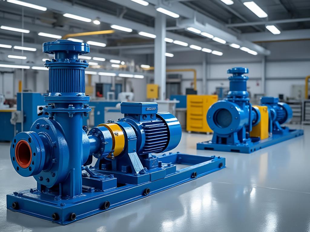 Industrial blue centrifugal pumps in a well-lit factory setting.
