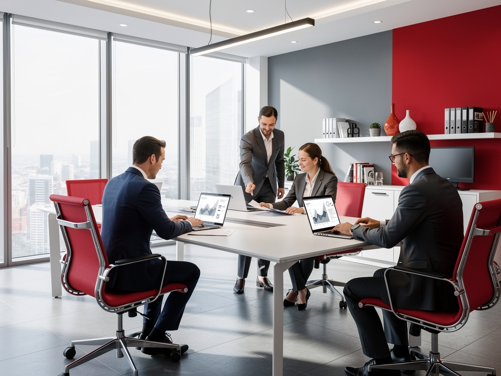 Equipo de negocios en reunión moderna con portátiles y gráficos en oficina con sillas rojas y ventanales