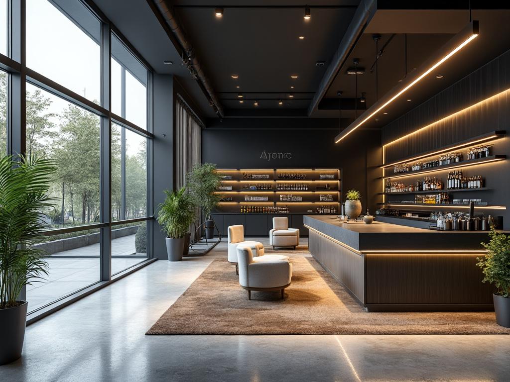 Interior moderno de cafetería con iluminación cálida, mostrador amplio y sillas blancas sobre alfombra, rodeado de plantas y ventanales grandes.