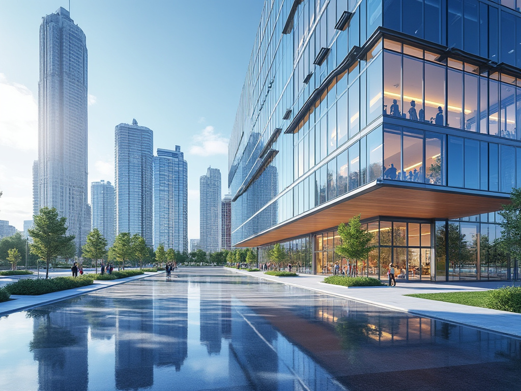 Rascacielos modernos reflejados en un estanque, con un edificio de oficinas de vidrio y personas caminando alrededor, en un paisaje urbano.