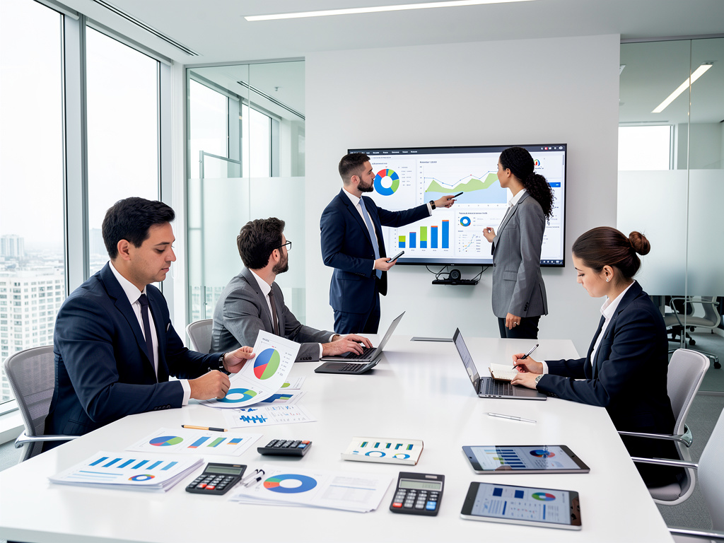 Equipo empresarial analizando gráficos financieros y datos de ventas en una sala de reuniones moderna