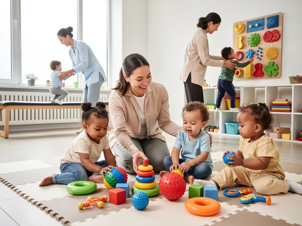 Educadoras infantiles jugando con bebés y juguetes sensoriales en una guardería luminosa