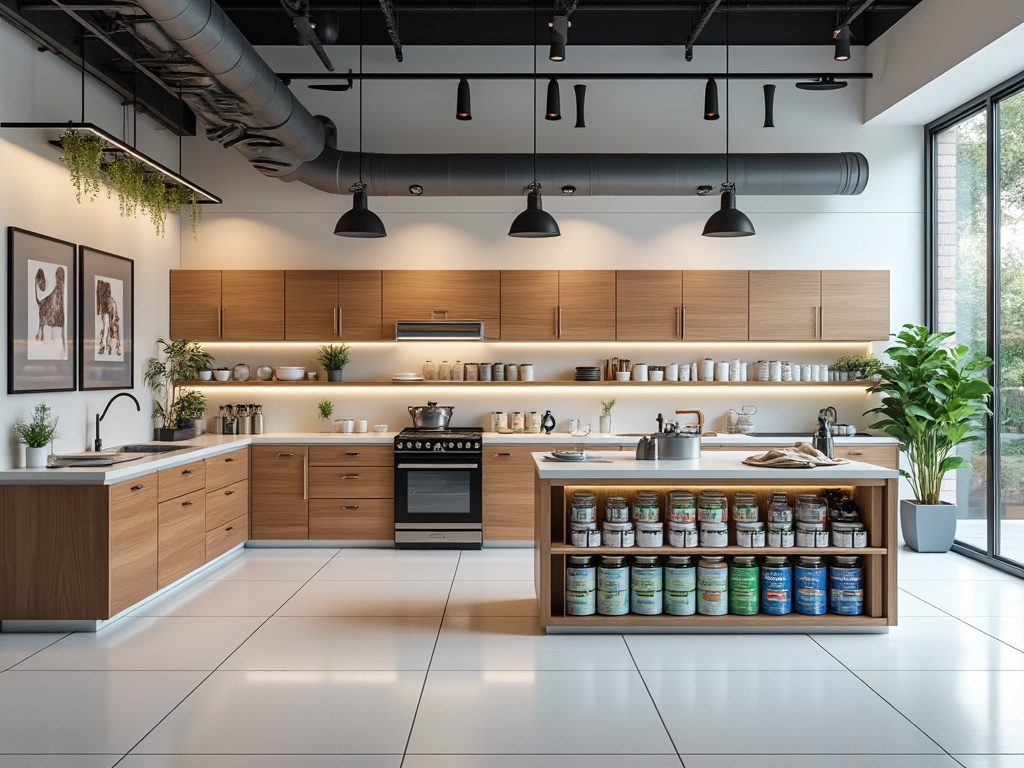 Moderna cocina con muebles de madera, estanterías abiertas con tarros de especias, plantas decorativas y grandes ventanales.