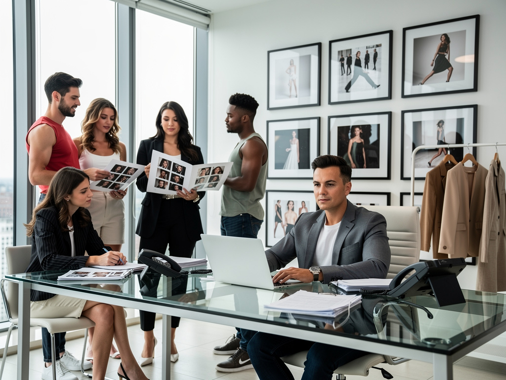 Fashion agency team reviewing model portfolios in modern office with photography wall and clothing rack
