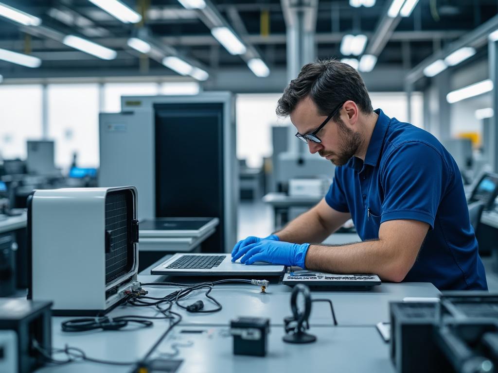 Ingeniero trabajando con guantes azules en una computadora portátil en un laboratorio tecnológico.