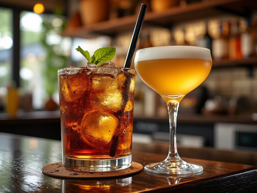 Cócteles en un bar, uno con hielo y menta, el otro espumoso en copa elegante sobre una barra de madera.