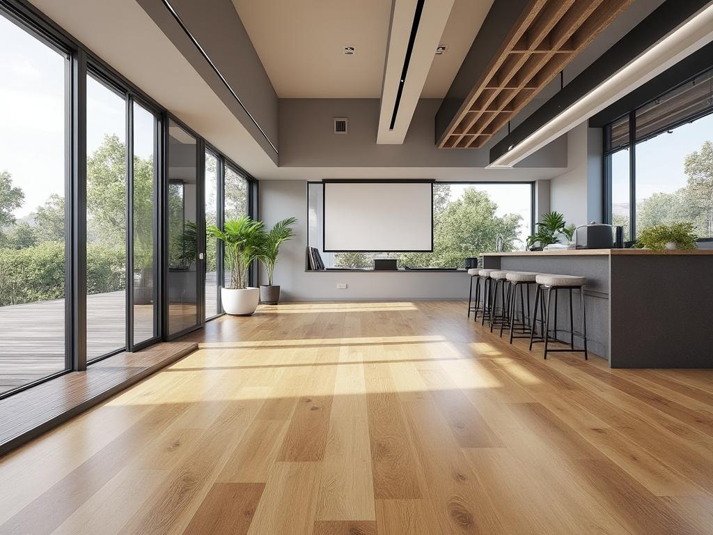 Modern open-concept living room with large windows, hardwood floors, and a stylish kitchen island with barstools.