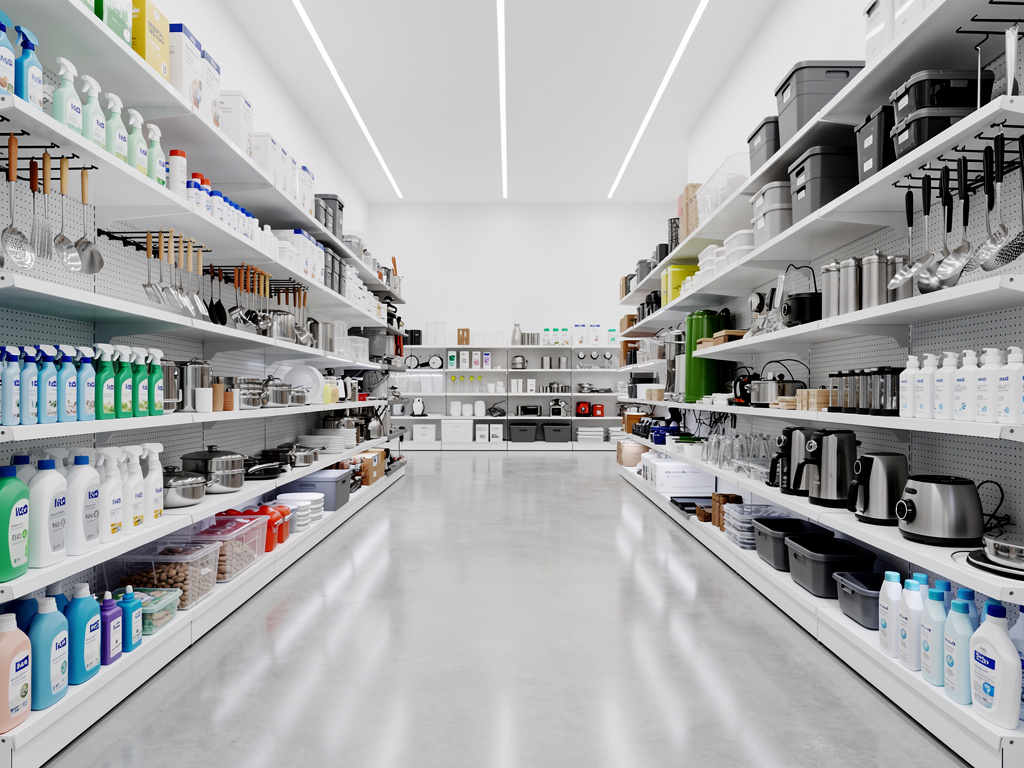 Pasillo de tienda de artículos para el hogar con estantes de productos de limpieza, utensilios de cocina y electrodomésticos