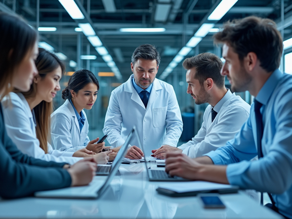 Grupo de médicos discutiendo en una sala de conferencias moderna, usando batas blancas y trabajando con ordenadores portátiles.