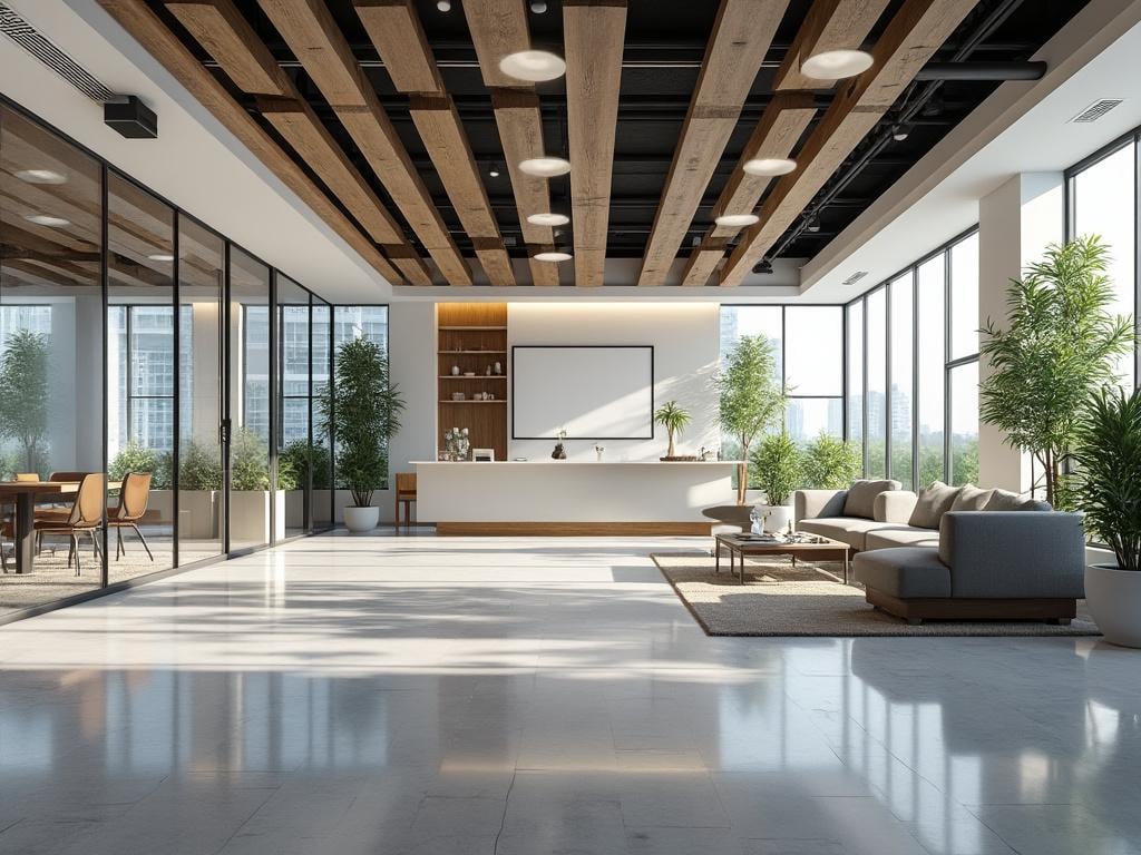 Espacio de oficina moderno con techo de madera, plantas decorativas, área de descanso con sofás y grandes ventanas.
