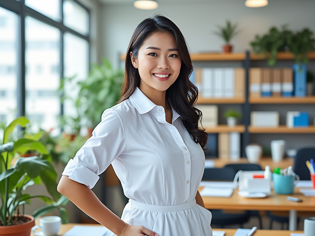 Mujer sonriente en oficina moderna, vestida de blanco, rodeada de estanterías y plantas.