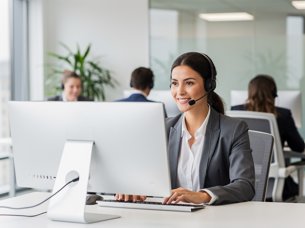 Agente de atención al cliente con auriculares trabajando en computadora en oficina moderna
