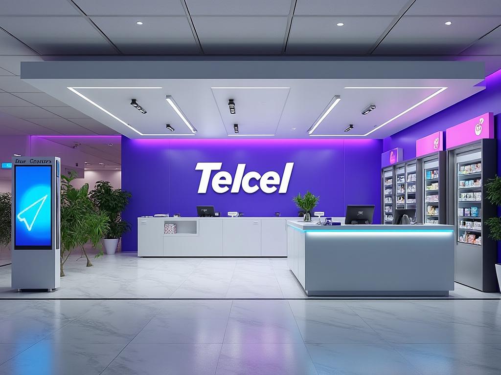 Tienda moderna de telecomunicaciones Telcel con mostrador iluminado y estanterías llenas de productos, decorada con plantas y tonos morados.