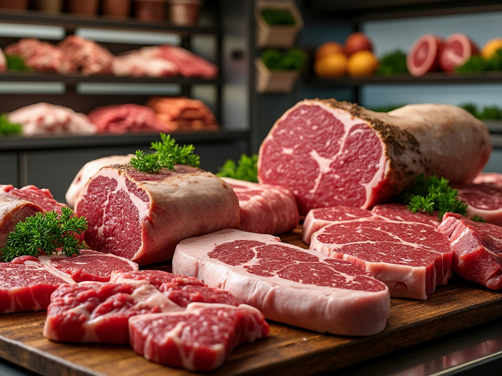 Variedad de cortes de carne fresca en mostrador con decoración de perejil, fondo de tienda de alimentos con más productos cárnicos.